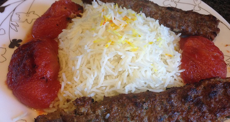 Beef kebob with Roasted Tomatoes and Rice